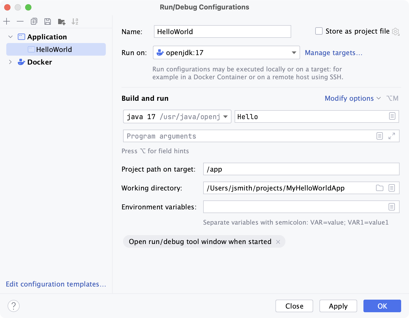 具有 Docker 运行目标的 Java 应用程序 具有 Docker 运行目标的 Java 应用程序