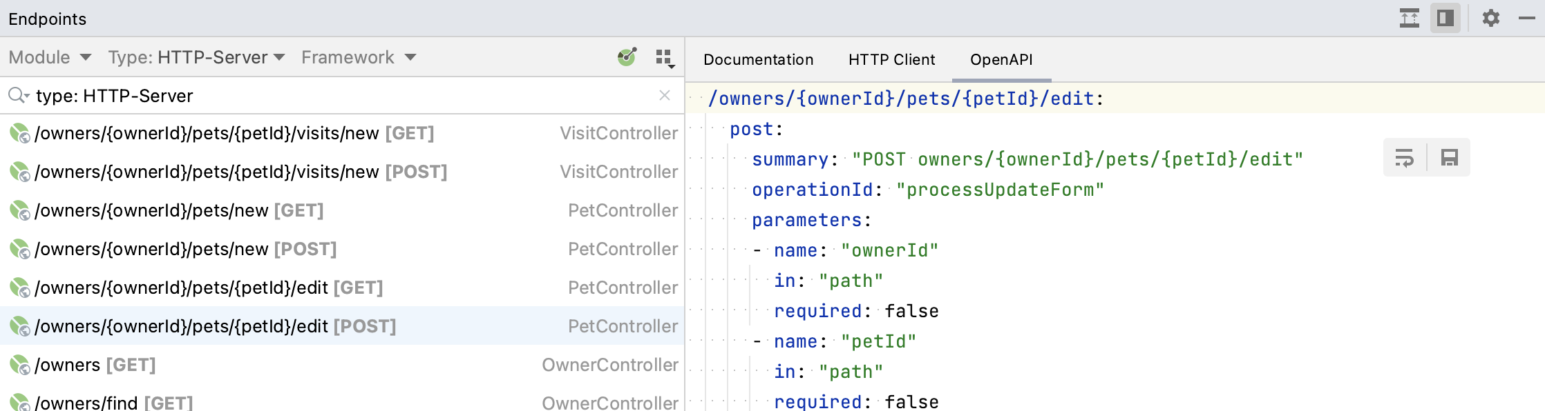 Endpoints tool window: OpenAPI tab Endpoints tool window: OpenAPI tab
