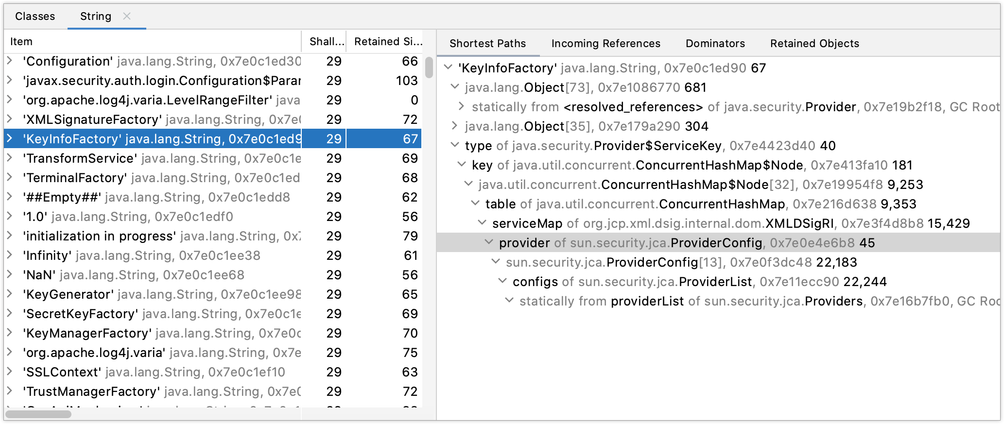 Profiler 工具窗口的对象视图中显示的类 Profiler 工具窗口的对象视图中显示的类