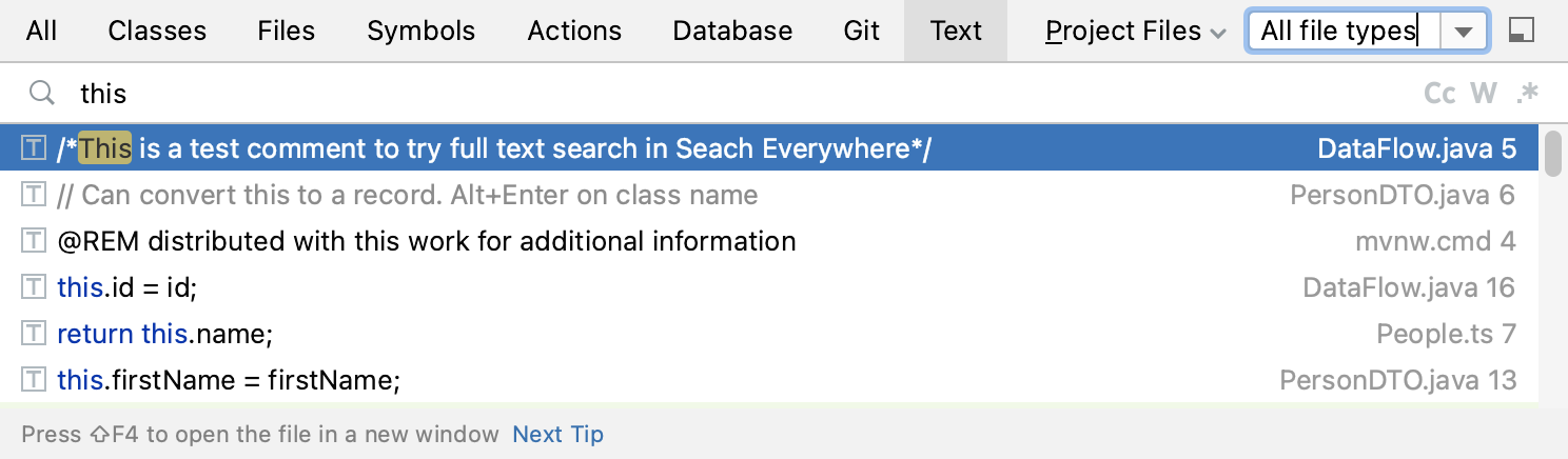 Search Everywhere 中的全文搜索结果 Search Everywhere 中的全文搜索结果