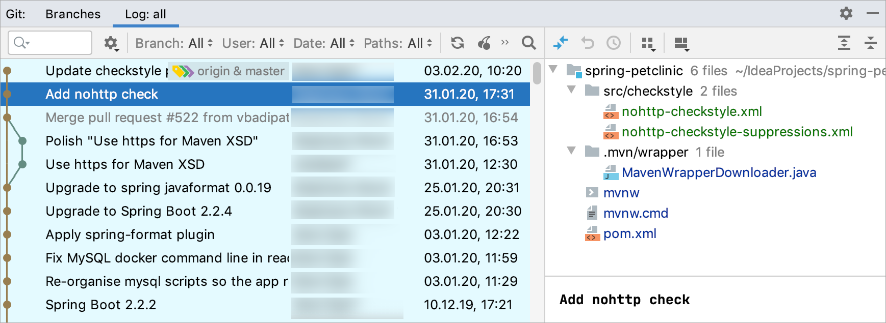 Git 工具窗口的“日志”选项卡 Git 工具窗口的“日志”选项卡