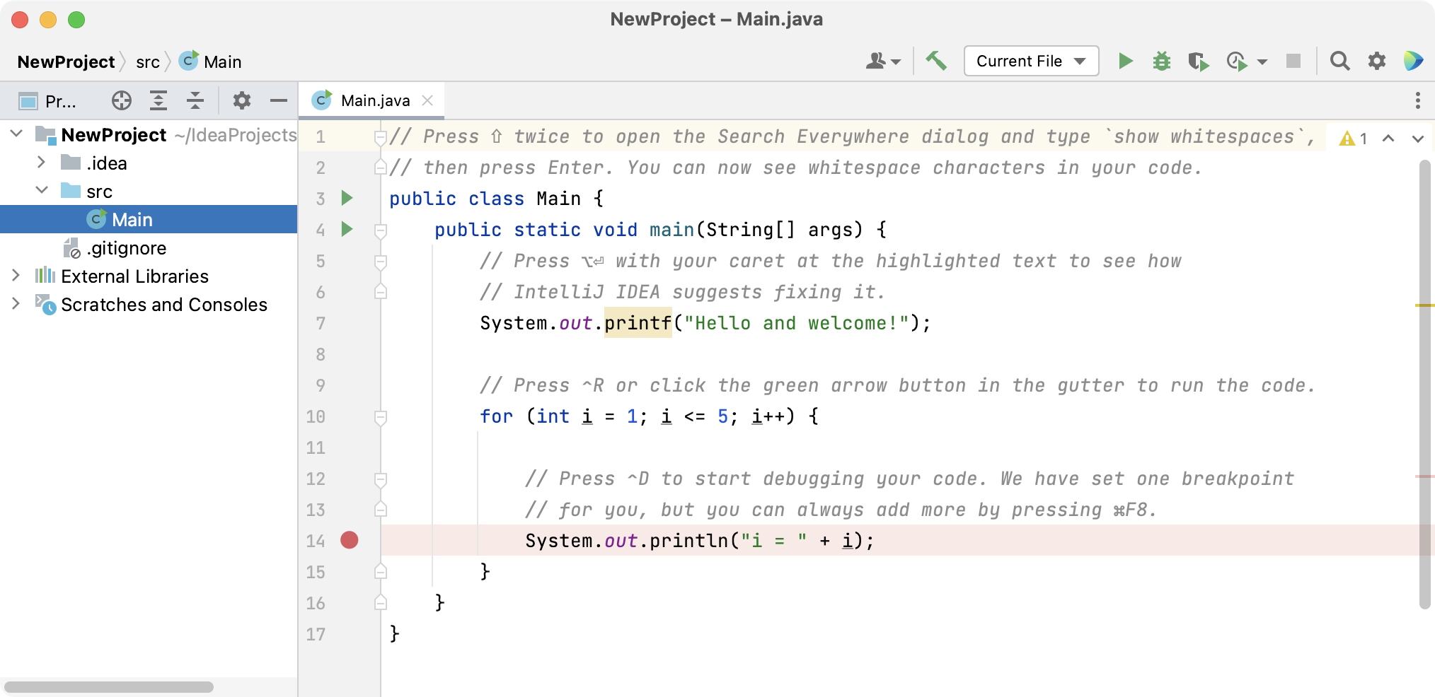 新的 Java 项目在编辑器中提供入门提示 新的 Java 项目在编辑器中提供入门提示