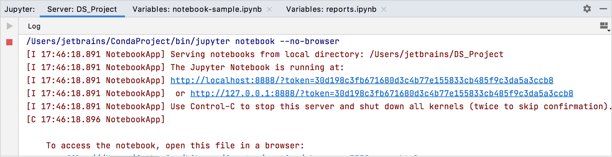 Jupyter 服务器工具窗口:服务器日志选项卡 Jupyter 服务器工具窗口:服务器日志选项卡