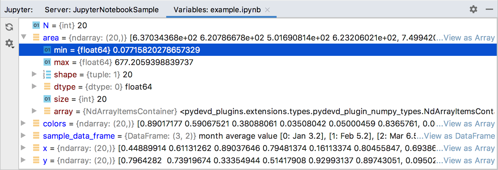 Jupyter 服务器工具窗口:“变量”选项卡 Jupyter 服务器工具窗口:“变量”选项卡