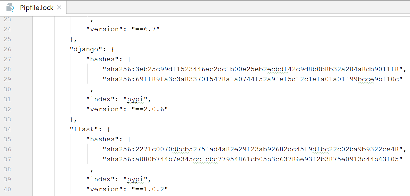 Pipfile.lock 的片段 Pipfile.lock 的片段