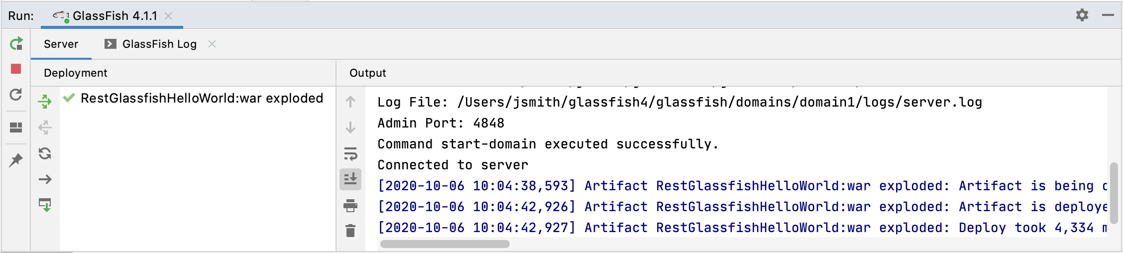 启动 GlassFish 服务器并在“运行”工具窗口中部署应用程序 启动 GlassFish 服务器并在“运行”工具窗口中部署应用程序