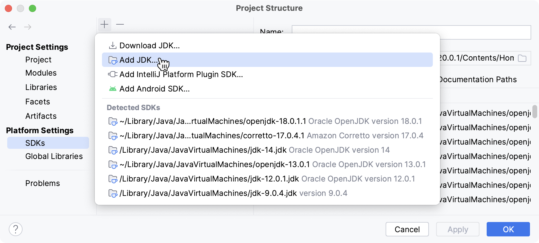 在“项目结构”对话框中显示可用的 SDK 在“项目结构”对话框中显示可用的 SDK
