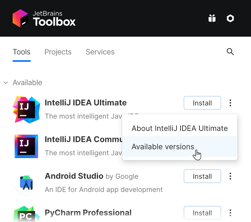 Toolbox 应用程序中的 IntelliJ IDEA Toolbox 应用程序中的 IntelliJ IDEA
