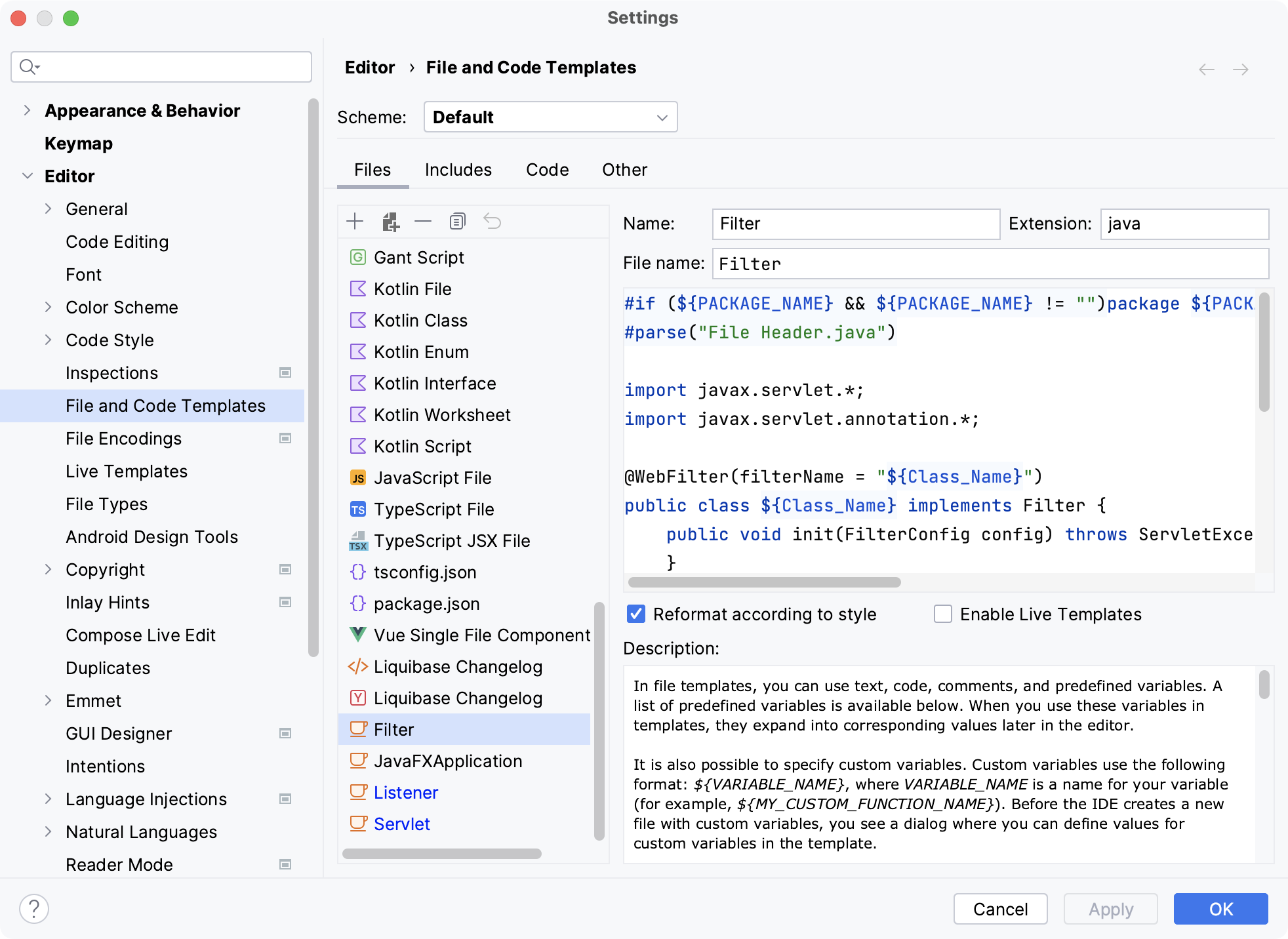Defining template for Filter Web application element Defining template for Filter Web application element
