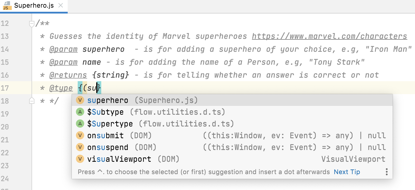 JavaScript 文件中 JSDoc 内 TypeScript 注释的完成代码 JavaScript 文件中 JSDoc 内 TypeScript 注释的完成代码